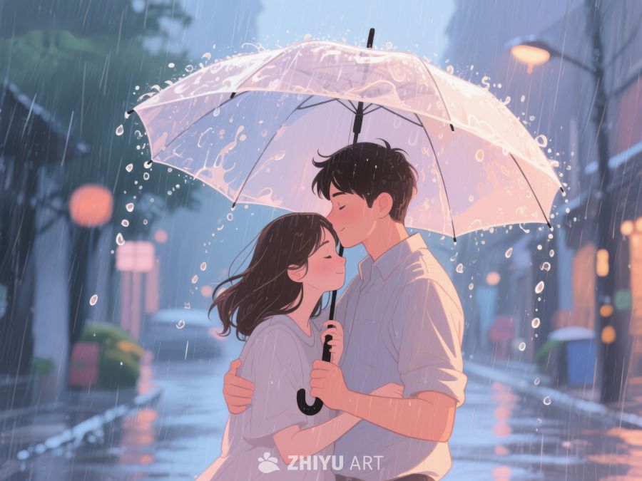 雨中情侣共撑伞温馨瞬间 1159