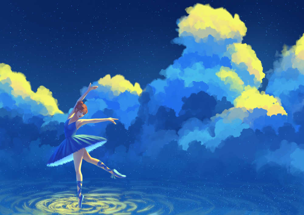 夜晚天空下在海边云朵下跳芭蕾舞的少女