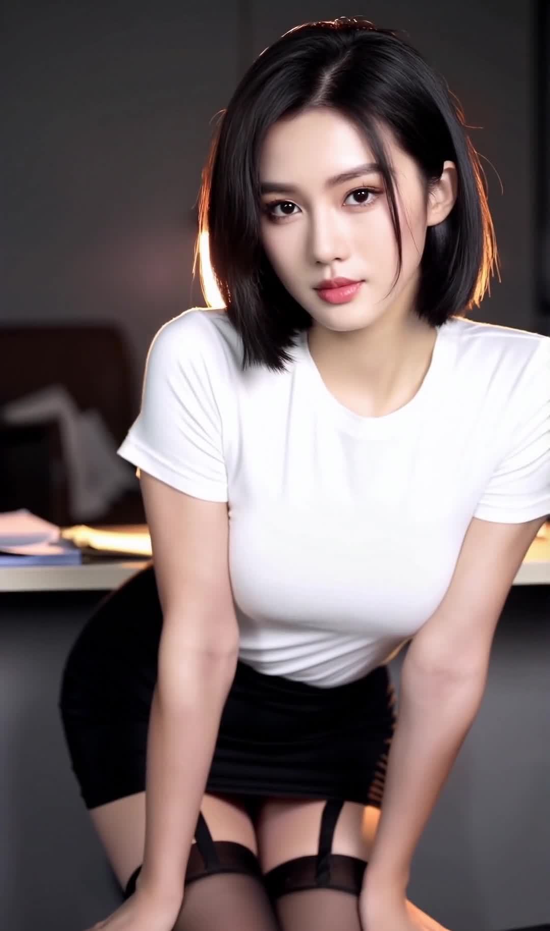 一位18岁的中国女性站在办公室里。她留着黑色短发，