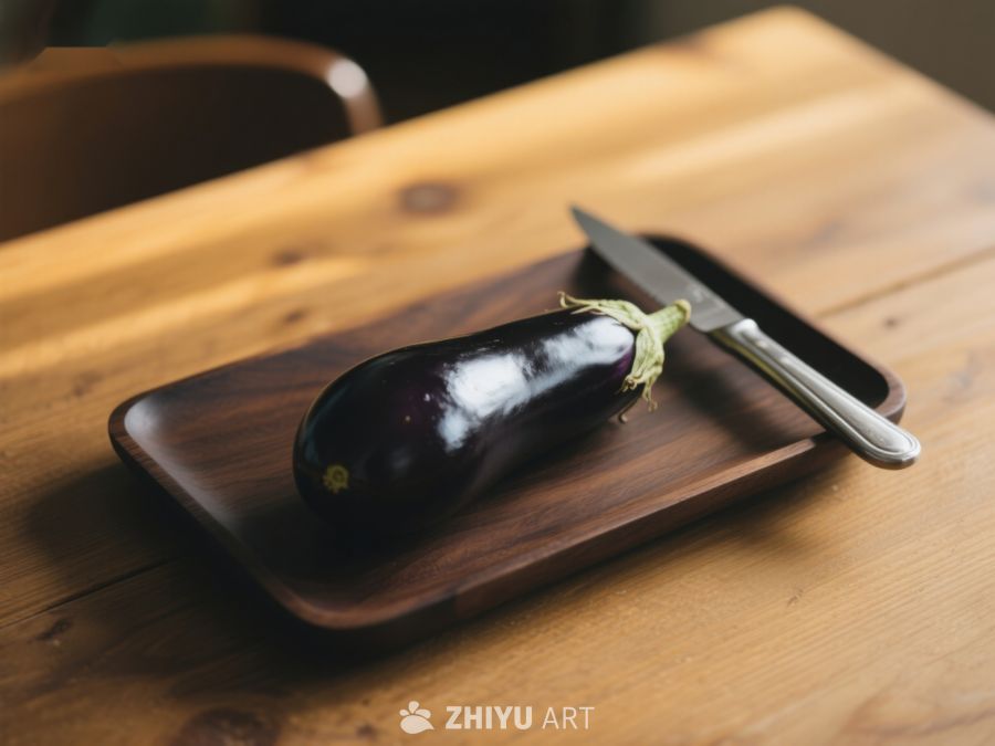 茄子与刀置于木质托盘上 238
