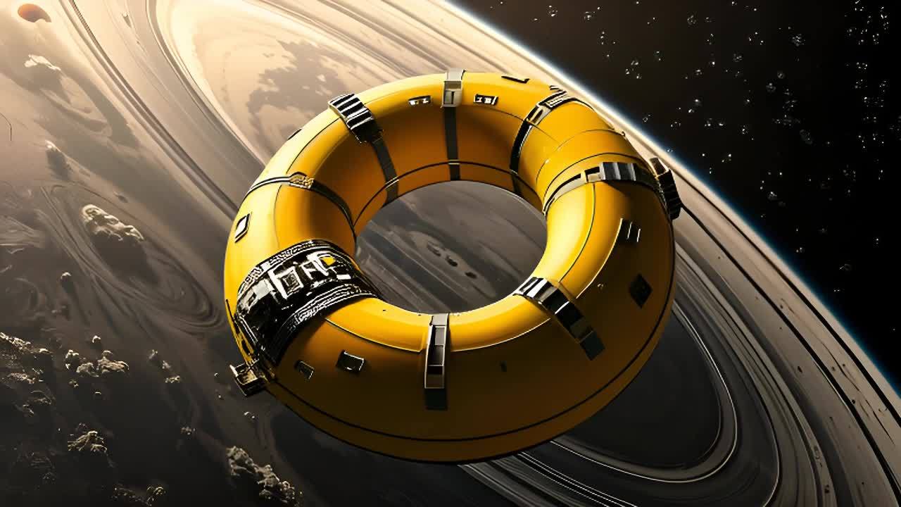 一个香蕉黄色的环状空间站位于木星的高轨道上。空间站