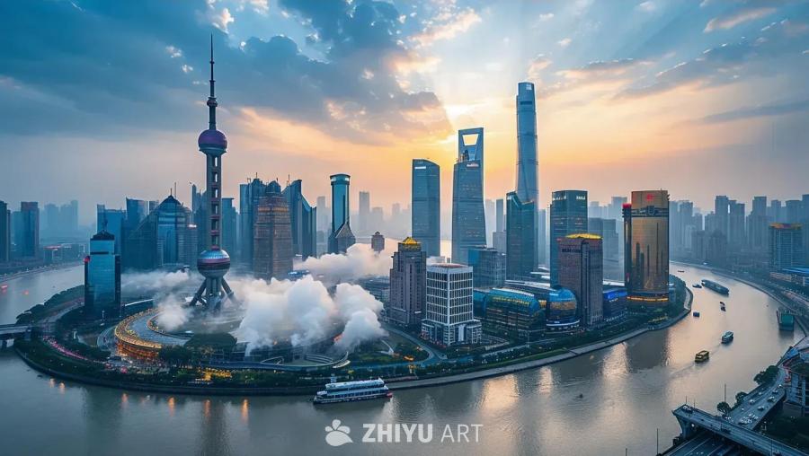 画面中呈现了中国上海的城市景观，包括东方明珠塔和众