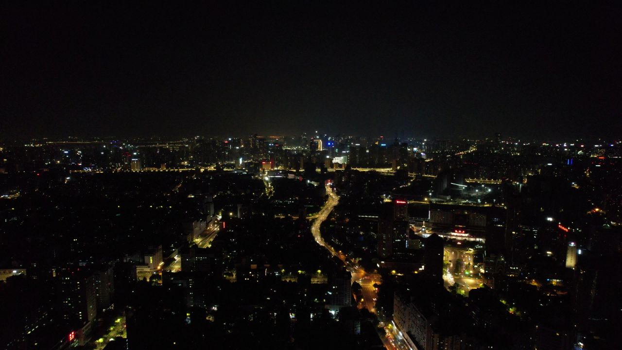 浙江杭州城市夜景灯光交通车两行驶航拍 