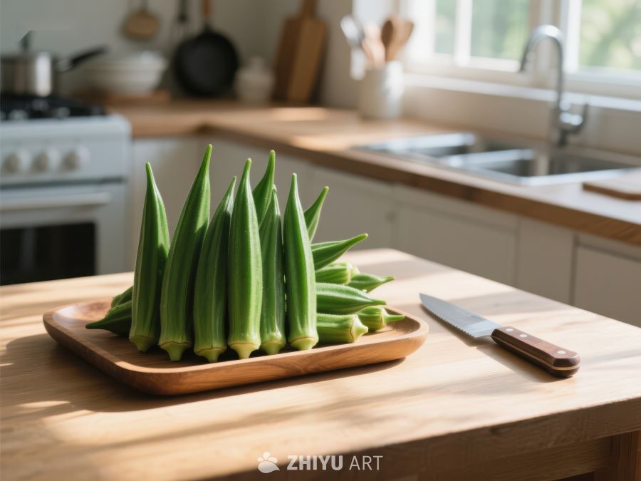 新鲜秋葵置于厨房案板上 498