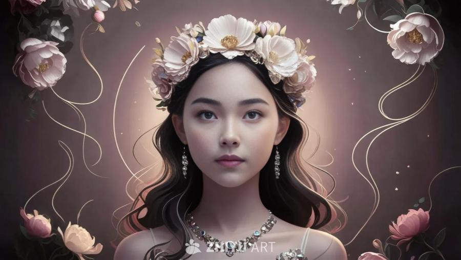 一个女孩的艺术数字图像，她头戴花冠，具有强烈的面部
