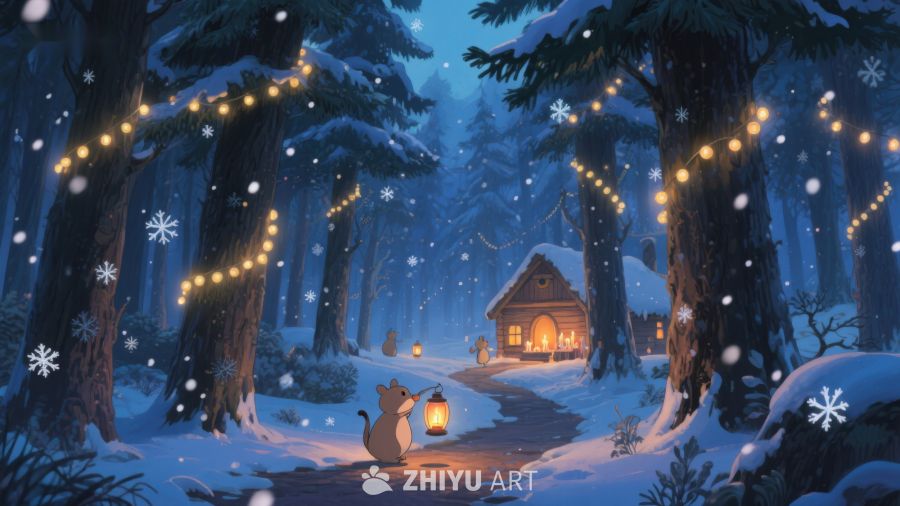 雪夜森林中的温馨小屋 300