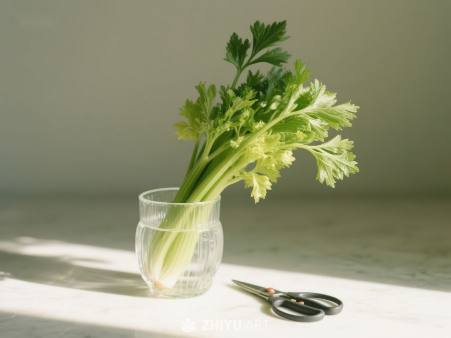 芹菜置于玻璃杯中，旁配剪刀 359