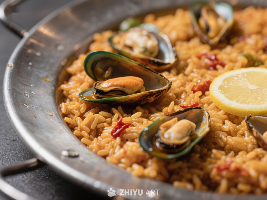 海鲜饭特写：贻贝与柠檬点缀 161