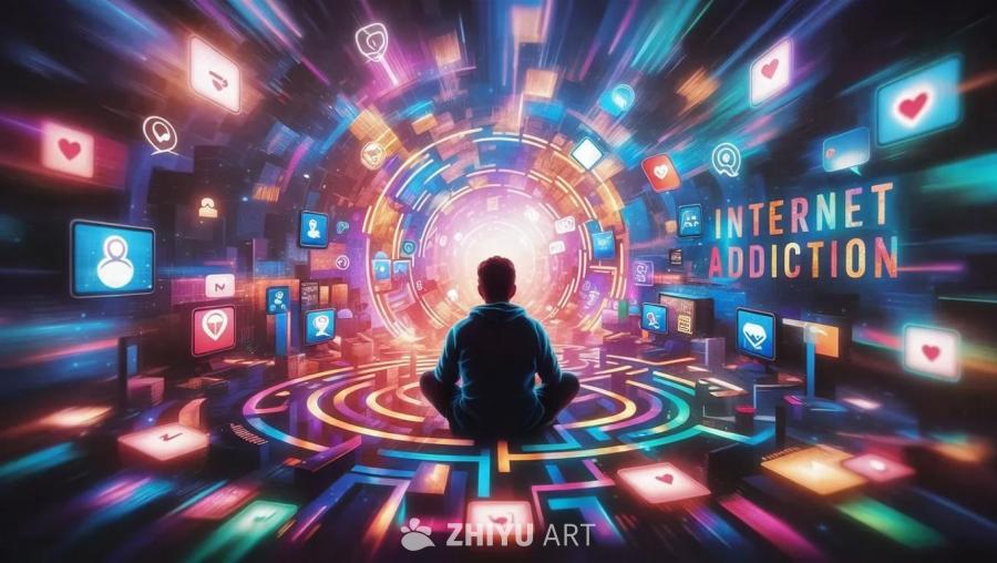 一个背对观众的人坐在一个充满电子图标和设备的数字空