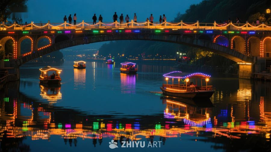 夜色桥景，彩灯映照河面 897