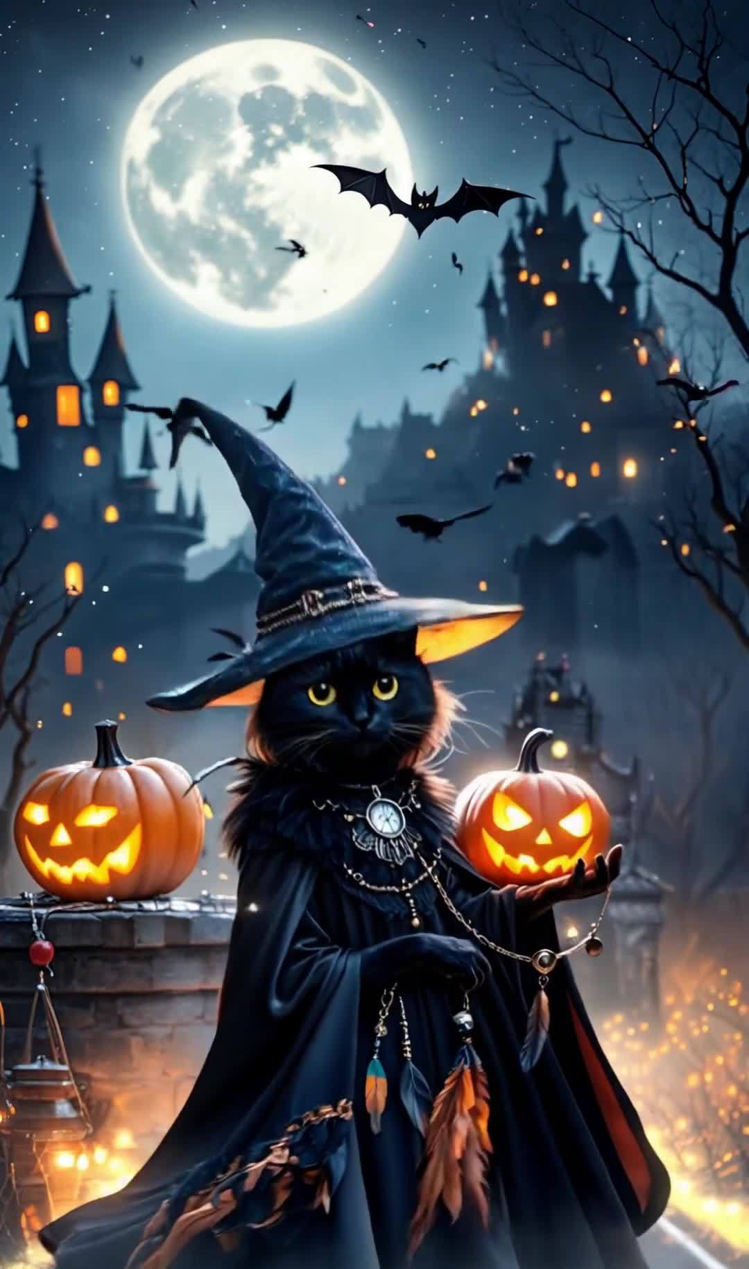 万圣节巫师猫咪与南瓜灯城堡奇幻夜