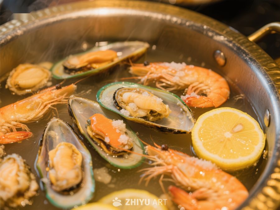 海鲜锅中的贻贝虾仁与柠檬 128