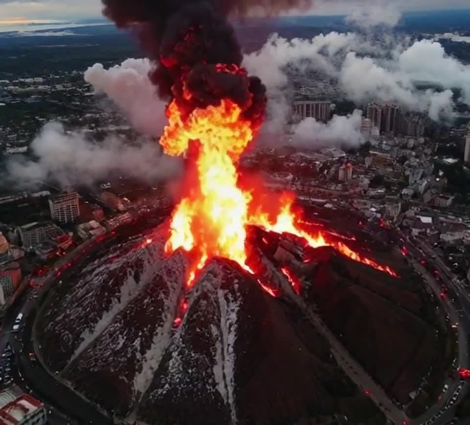 城市中心出现一座火山，火山正在喷发岩浆，岩浆呈现明