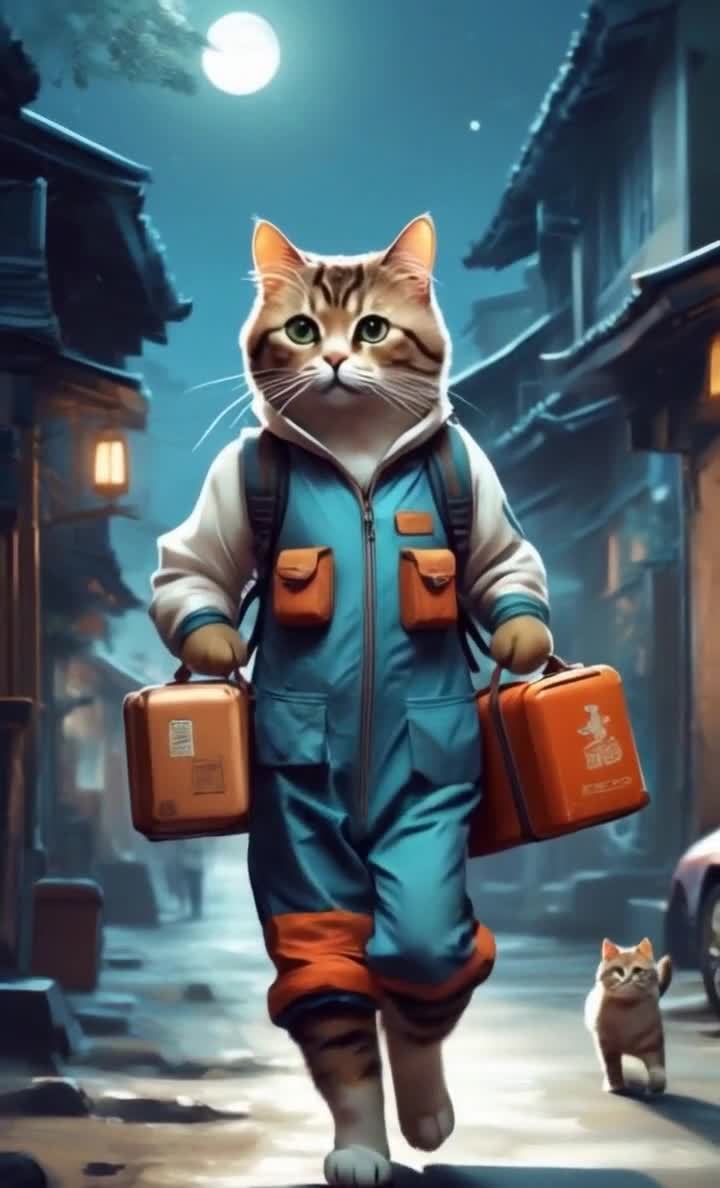 一只拟人化的猫，身穿蓝色工装服和白色连帽衫，背着背