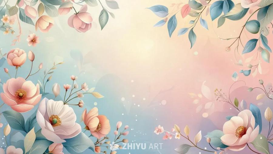 粉色和米色的花朵点缀在画面边缘，纤细的枝条和叶子穿