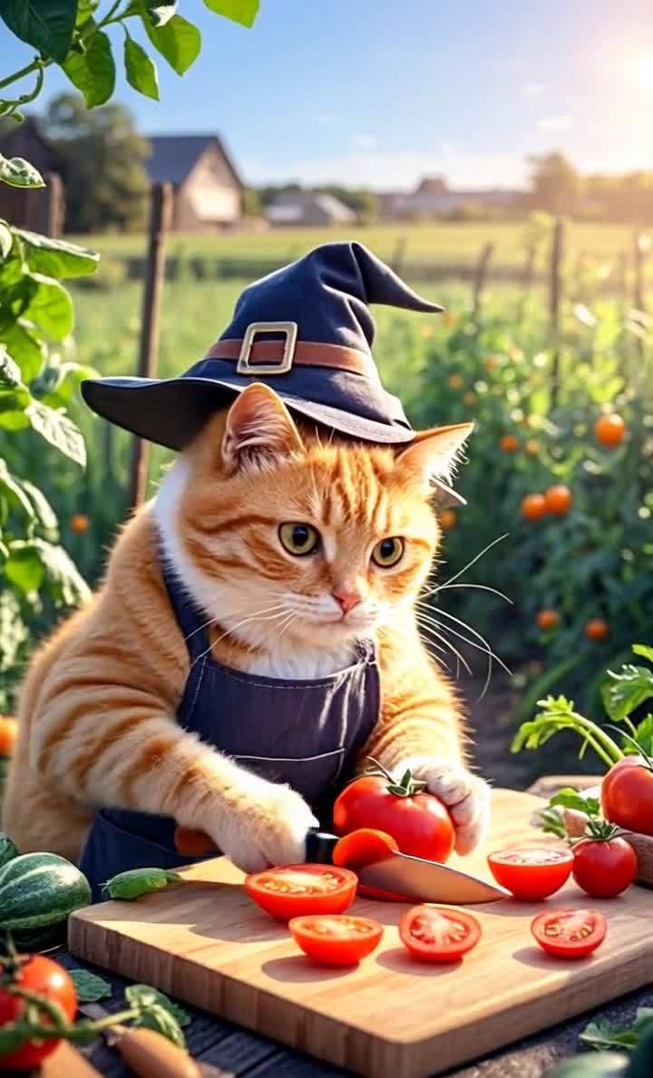 戴巫师帽的橘猫户外切番茄