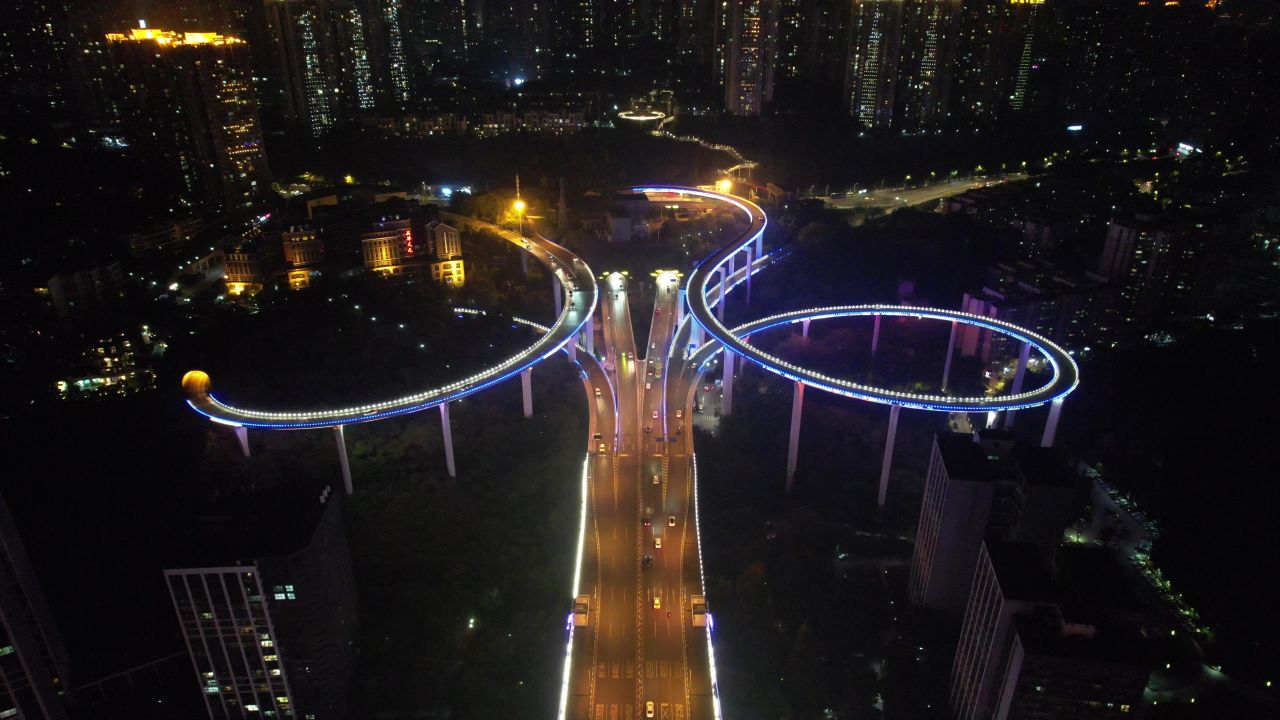 重庆铜元局高架立交桥夜景航拍