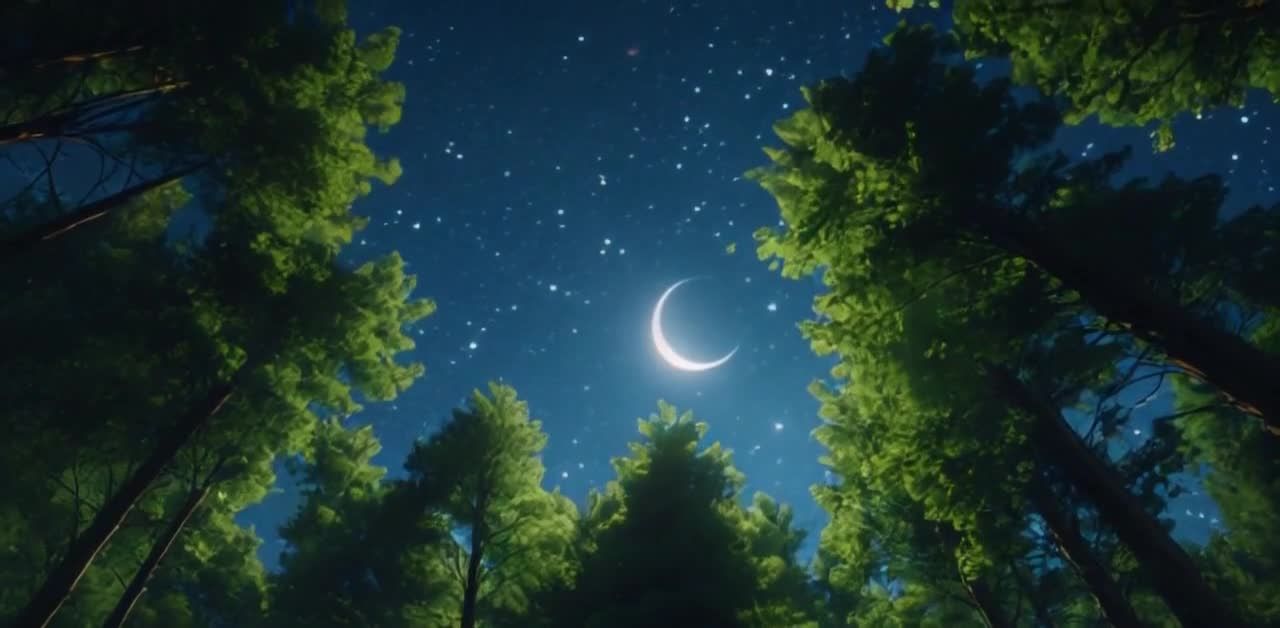夜空下的树林，弯月与星光交相辉映。