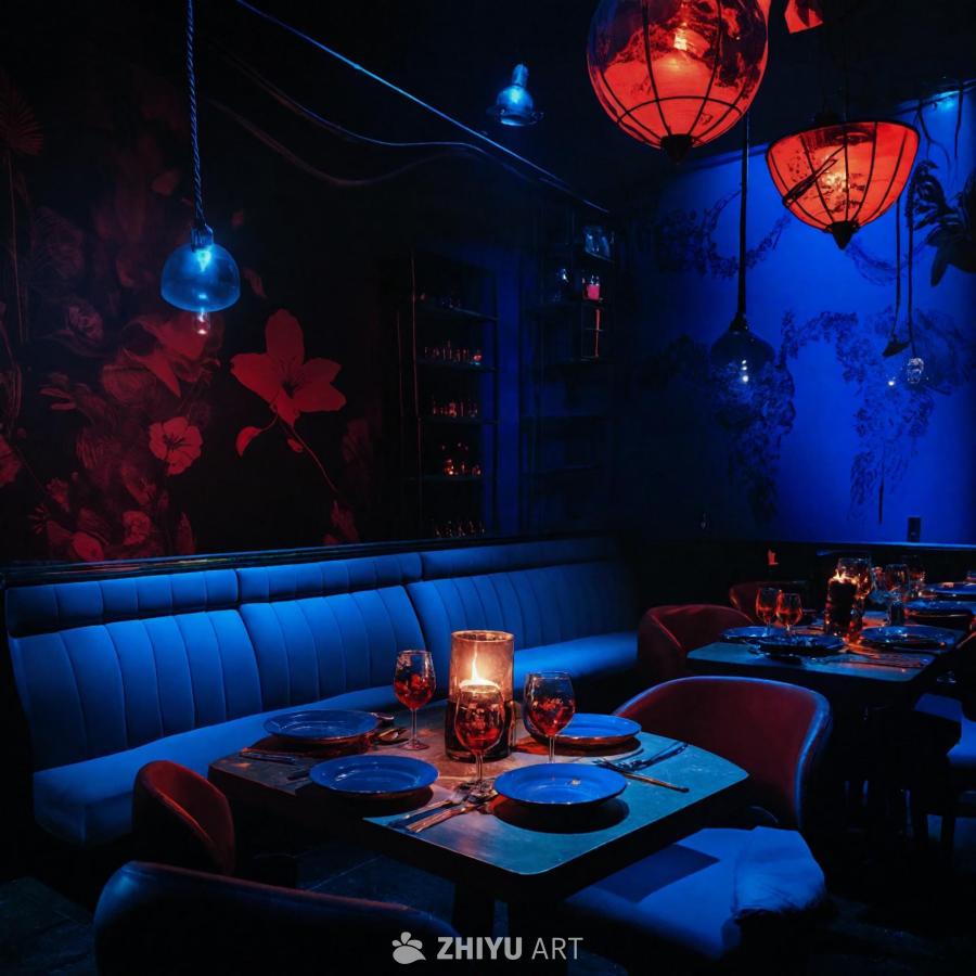 昏暗的现代餐厅内，蓝色灯光营造出舒适的氛围。用餐区