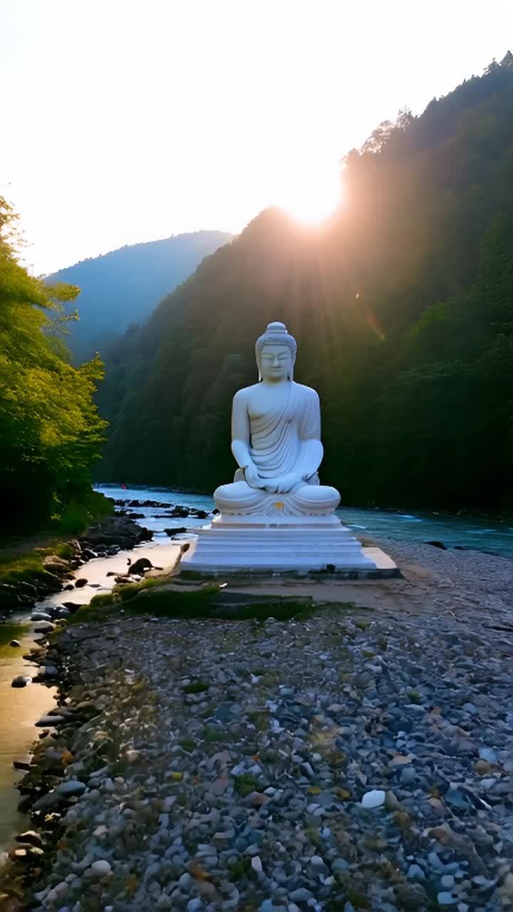 佛像端坐在冥想之中，被森林环抱，山峦起伏。阳光透过