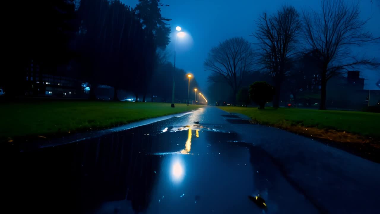 雨夜，公园的道路湿漉漉的，路面反射着昏暗的路灯光。