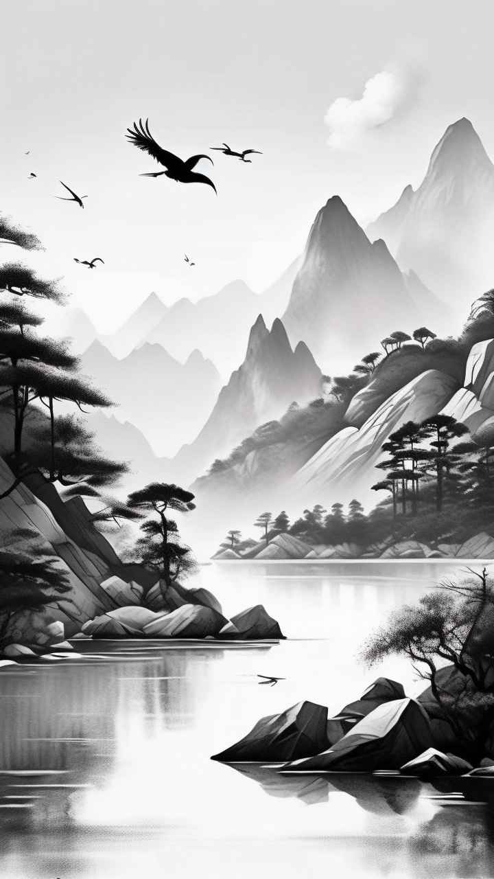 国风山水鹤插画背景 73