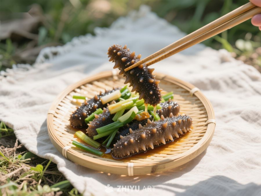 筷子夹取海参，竹篮盛装美食 458