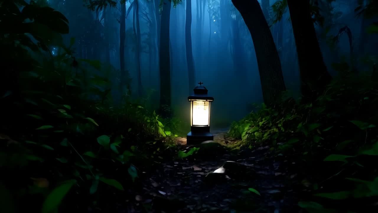 夜晚，黑暗的森林里，阴影笼罩四周。一盏灯笼发出明亮