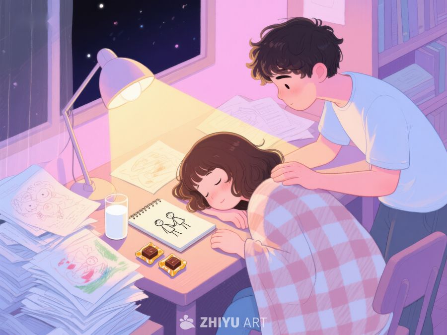 温馨夜景：少年轻抚熟睡少女的头 865