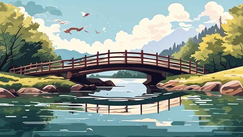 一条小溪旁一座小木桥横跨在水面上 3