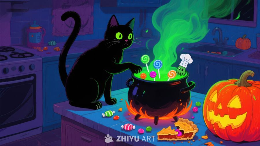 黑猫厨房魔法：糖果与南瓜灯