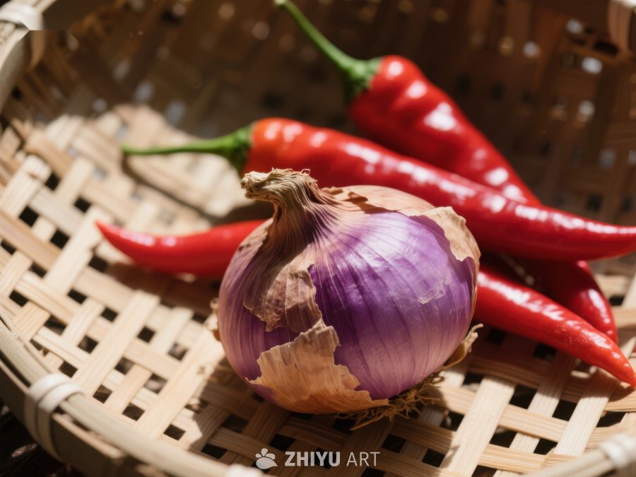 竹篮中的紫皮大蒜与红辣椒 382