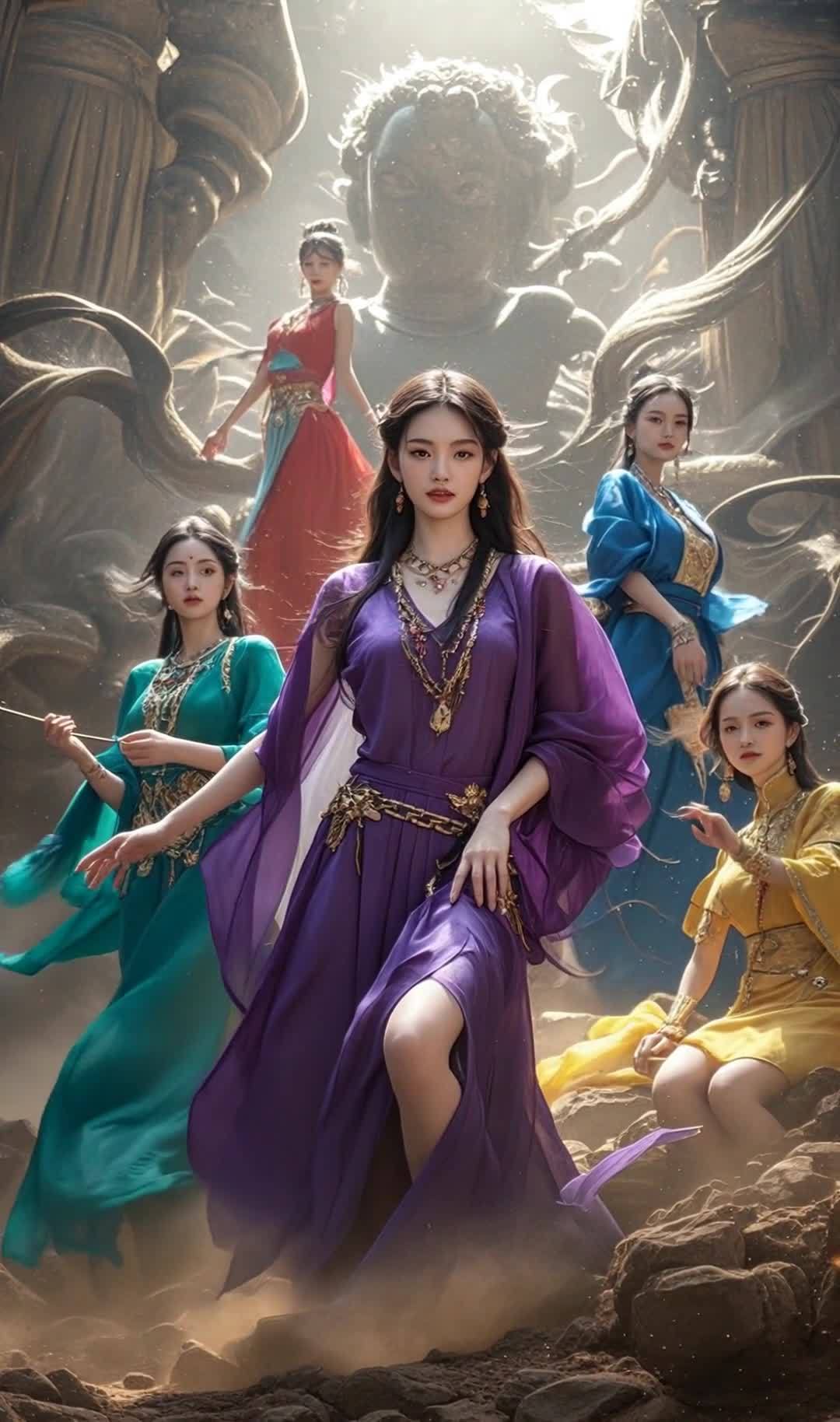 五个身着不同颜色长袍的女子站在岩石地形中。前方中间