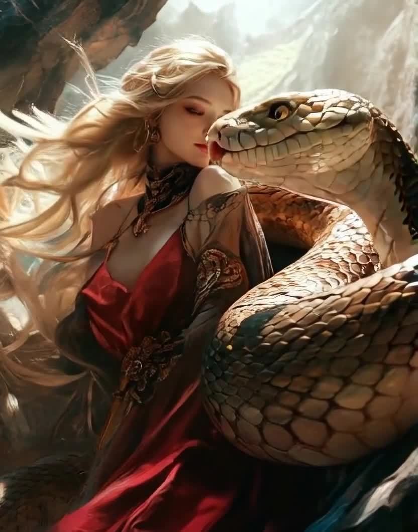 红衣金发美女与巨蟒对视，眼神引人遐想