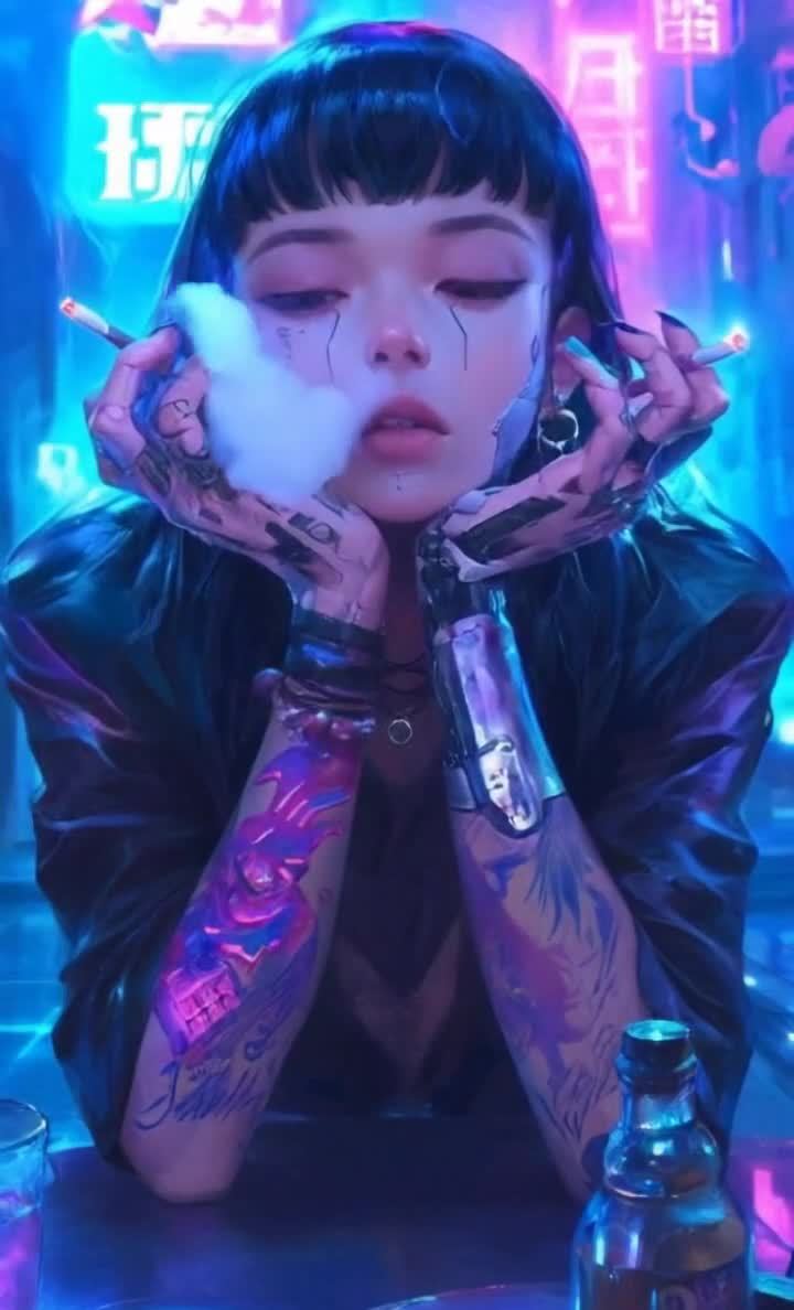 一个女人双手托腮，手持香烟，画面呈半身特写。她的眼