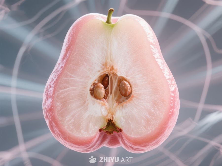 切开的粉红色水果，内部种子清晰可见 353
