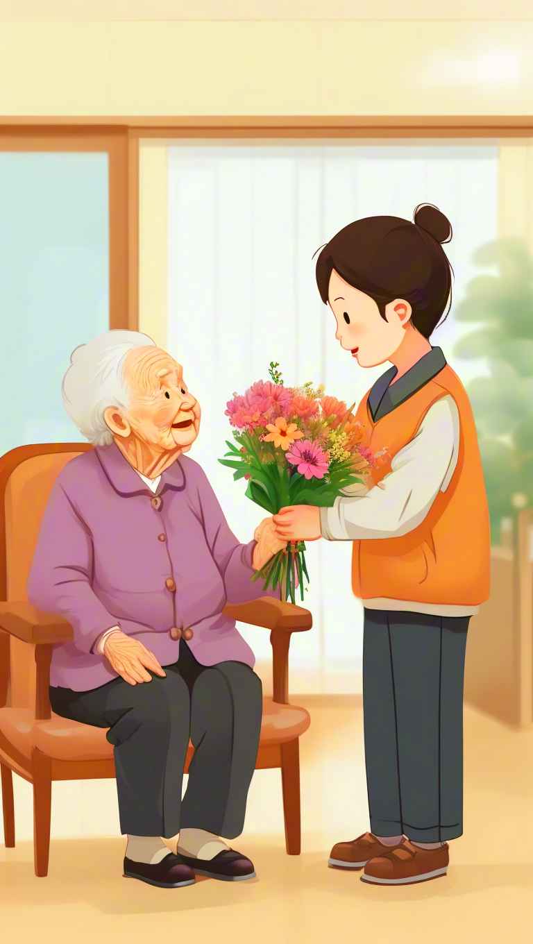 青年志愿者陪伴老人，递上鲜花 4