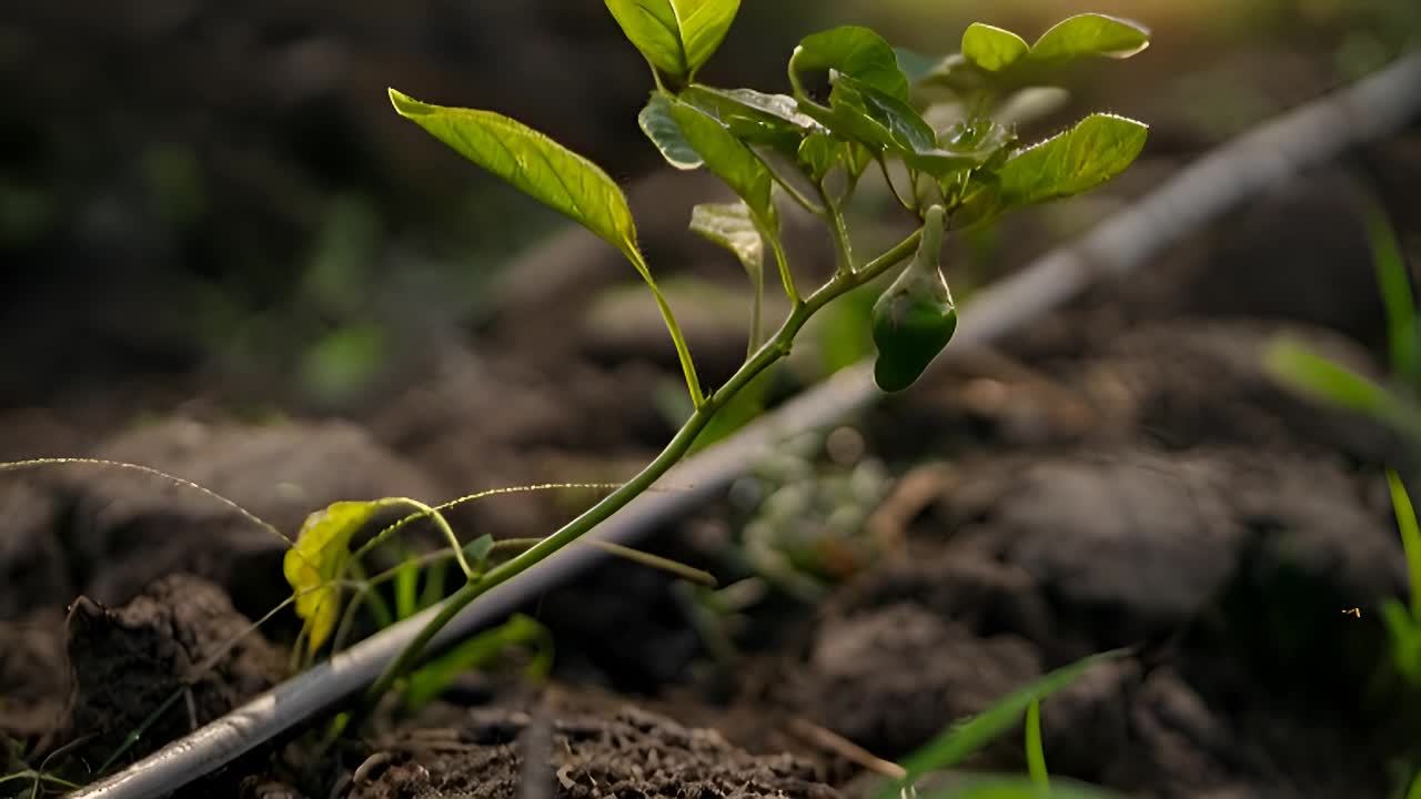一株幼小的植物从湿润泥泞的土地里钻出头来，绿色的叶
