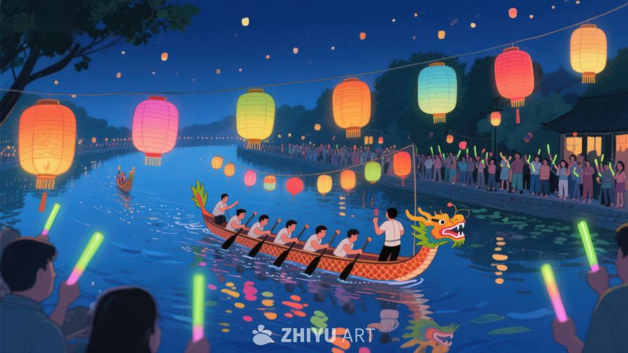 夜景龙舟赛与灯笼庆典 407