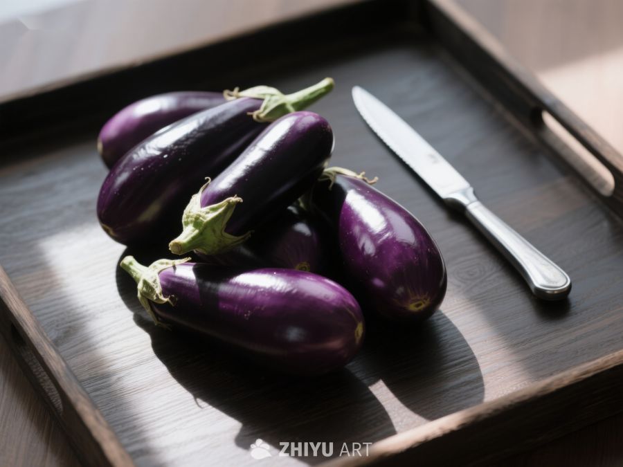 木盘上的茄子与刀具 74