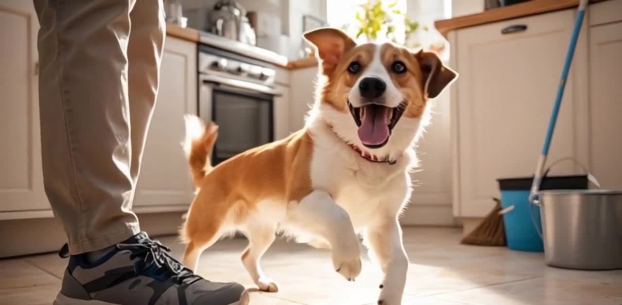 一只柯基犬张着嘴，露出舌头，正在厨房里跑动。一个人