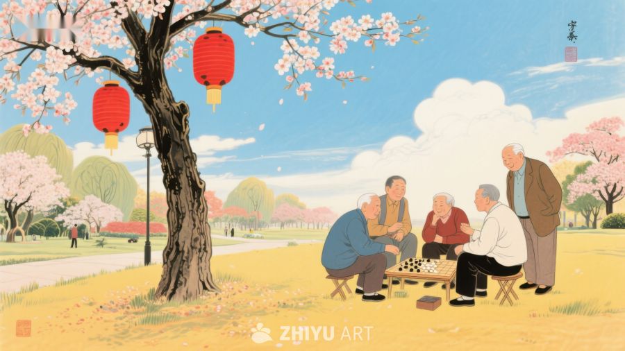 公园里老人下棋的温馨场景 218