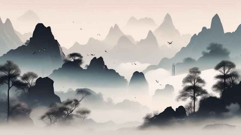 国风水彩画山水风景插画 68