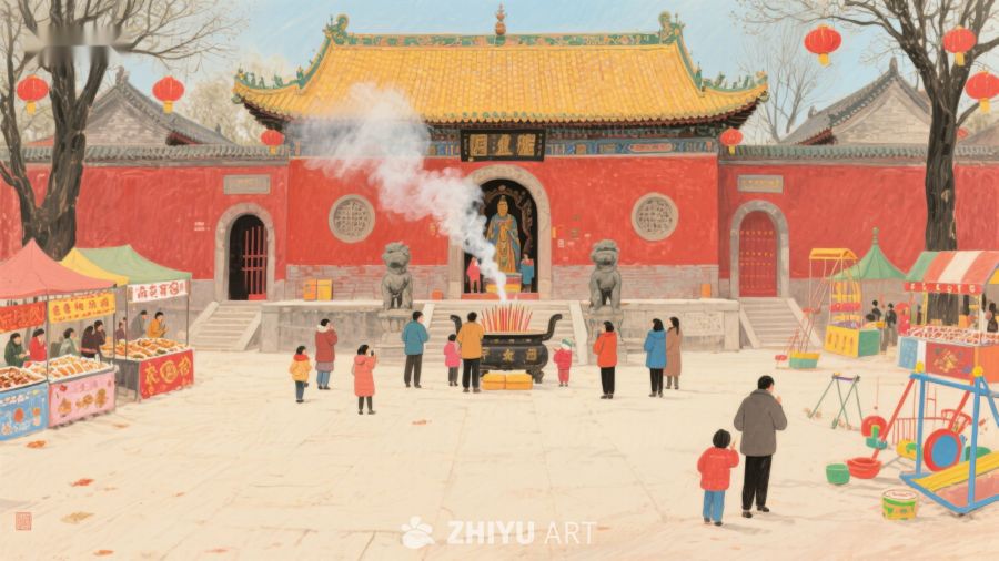 庙会场景：香烟袅袅，人群熙攘 664