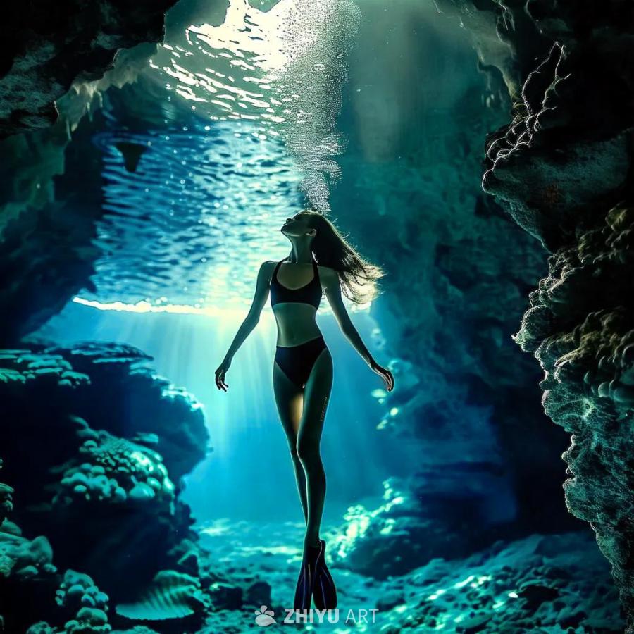 水中，一个体态修长的女子自由潜水。她穿着黑色泳衣，