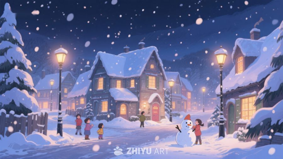雪夜小镇，温馨灯火与欢笑 449