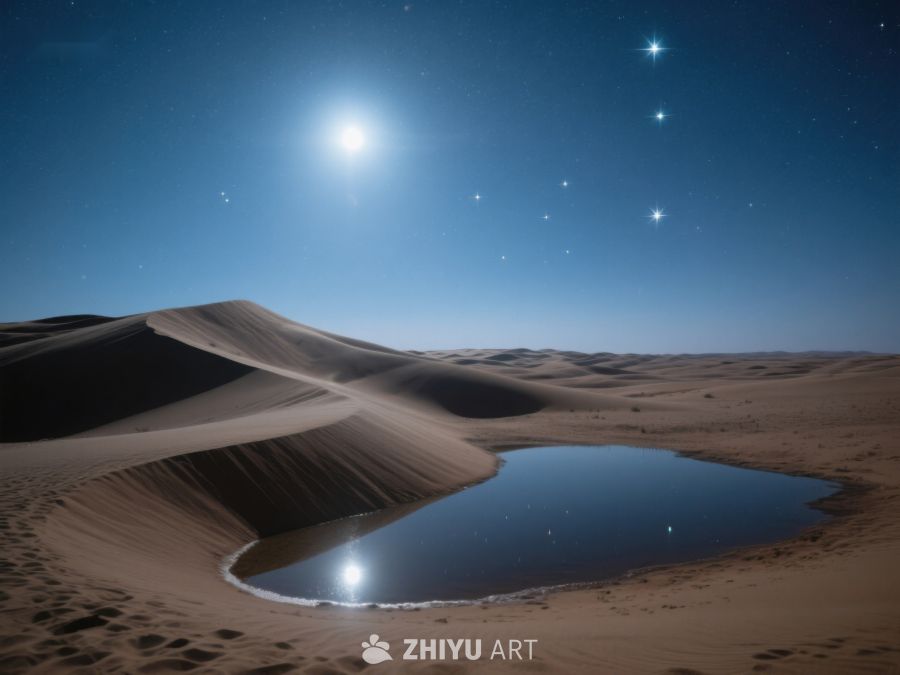 沙漠夜景：月光下的沙丘与水潭 89