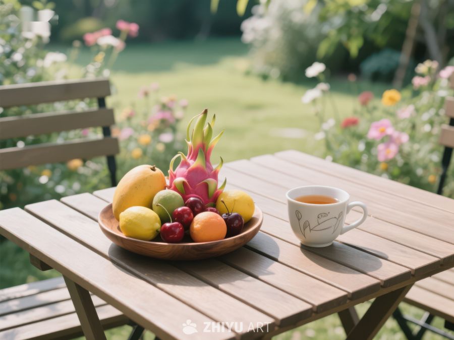 户外桌上的水果盘与茶杯 291