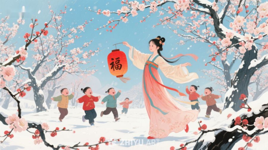 雪中灯笼舞，孩童嬉戏欢 1093