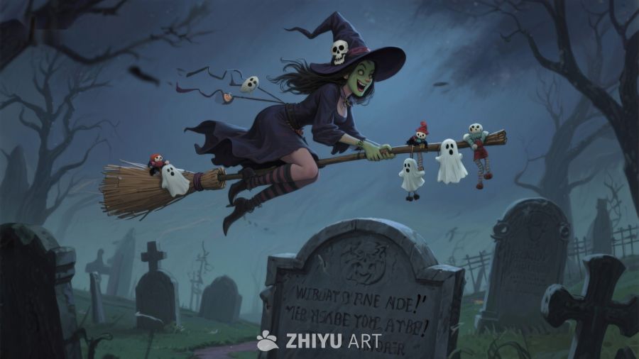 女巫夜骑扫帚，幽灵相伴墓园行